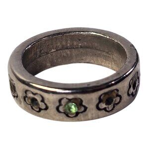 Vintage Silver Tone Floral Band Ring Green Rhinestone Accents Size 5.75
